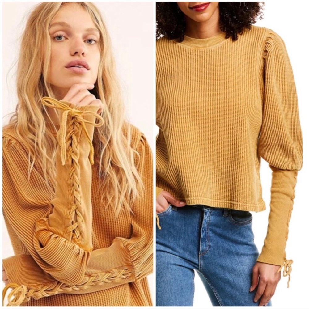 Free People Tasha lace-up sleeve thermal mustard top